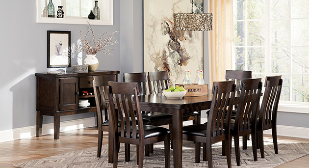 Haddigan Dark Brown Rectangle Dining Room Extension Table w/ 4 Upholstered Side Chairs & Bench